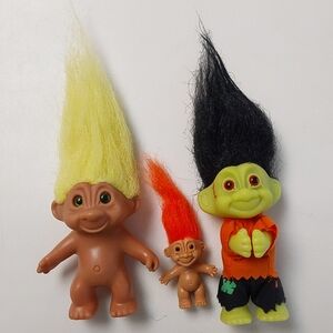 Three-Piece Vintage Troll Doll Set with Yellow,mini Troll,and Frankenstein Troll
